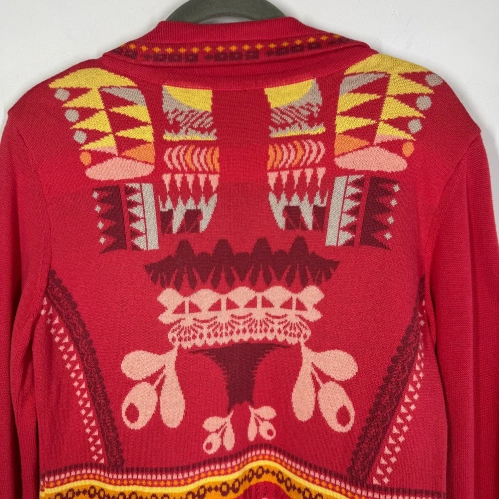 KOOI Knit Vibrant Red Orange Patterned Cardigan Nordic Fair Isle Zip Cotton - Picture 13 of 16